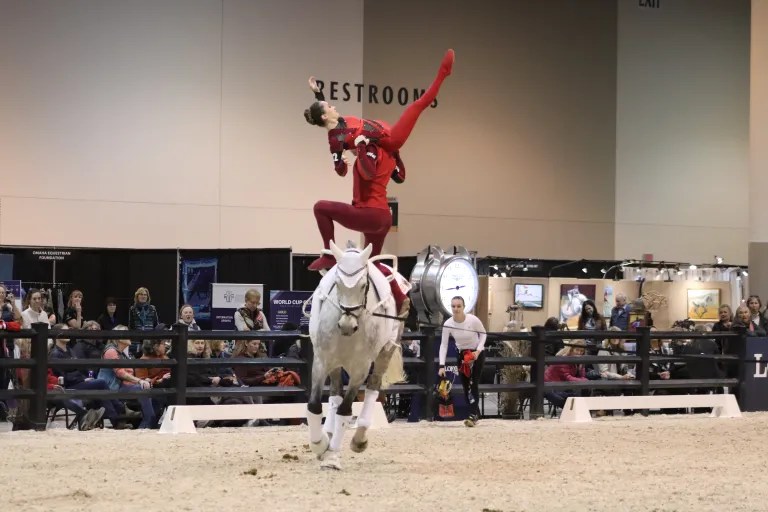 2023 marked the first year that the equestrian sport of vaulting was a part of the World Cup. Note: USDF strongly recommends all riders wear protective headgear when mounted. Photo by Chelsey Burris
